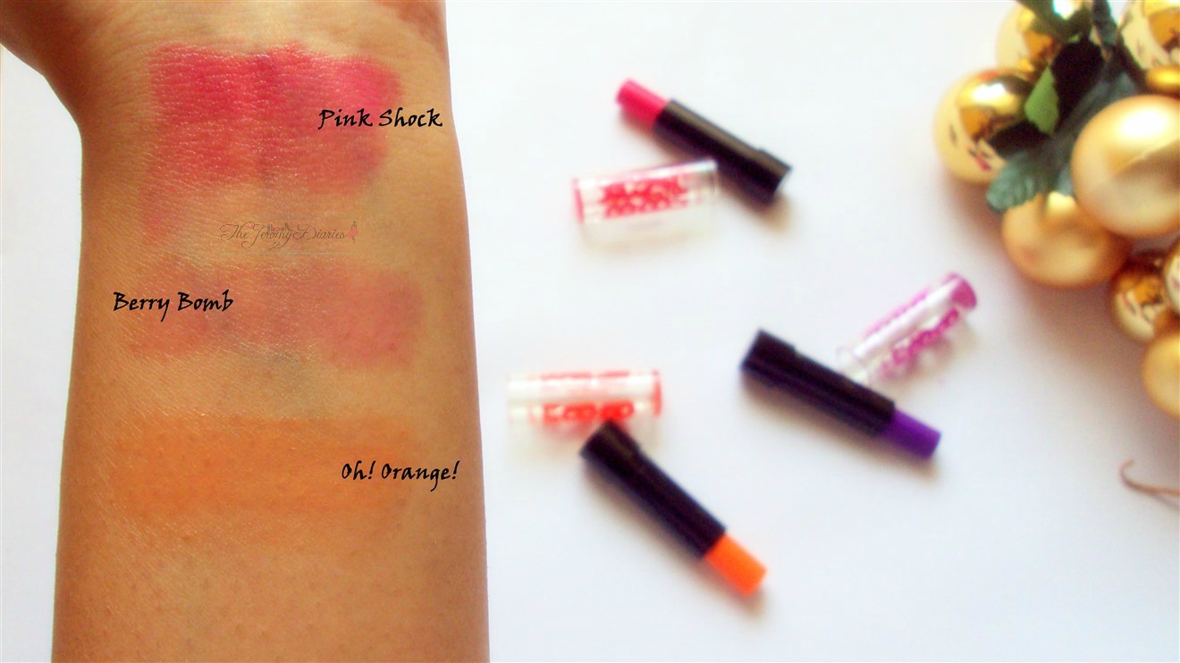 maybelline baby lips electro pop swatches berry bomb pink shock and oh orange