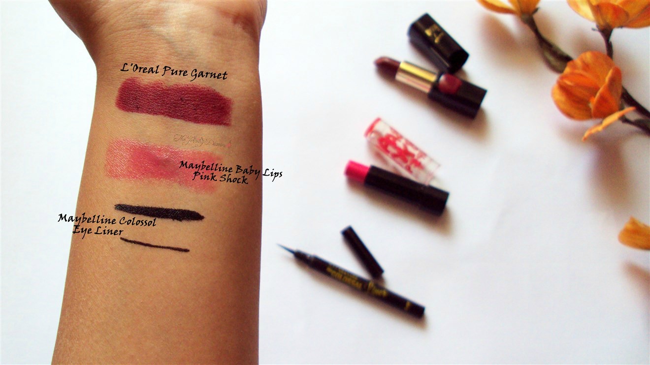 swatches of loreal pure garnet lipstick maybelline baby lips electro pop pink shock maybelline the colossal eye liner black